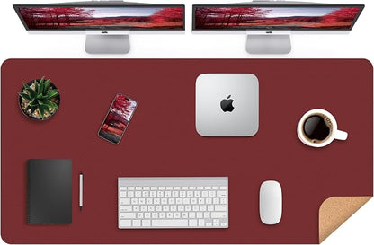 AFIING Cork Desk Mat 47" x 23.6", Dual-Sided Natural Cork & PU Leather Desk Pad, Non-Slip Waterproof Large Mouse Pad for Office, Home & Gaming (Red)