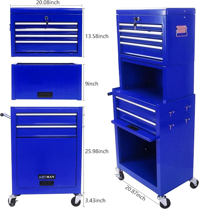 RYH 6 Drawers Rolling Tool Chest & Tool Box on Wheels | Heavy Duty Metal Cart with Ball Bearing Drawers | Fits US General Tool Box for Garage Storage(Blue, 6 Drawers 3 in 1/51.99" H × 20.87" W)