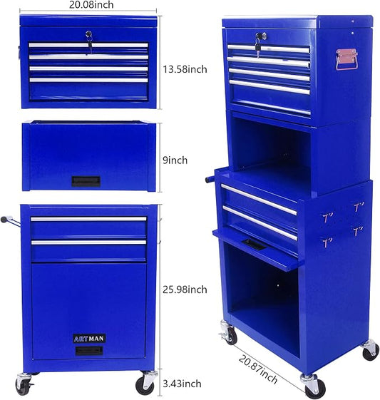 RYH 6 Drawers Rolling Tool Chest & Tool Box on Wheels | Heavy Duty Metal Cart with Ball Bearing Drawers | Fits US General Tool Box for Garage Storage(Blue, 6 Drawers 3 in 1/51.99" H × 20.87" W)