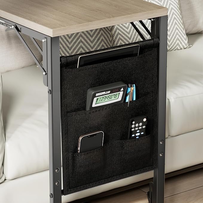 Folding TV Tray Table, Small Folding Side Table with Storage Bag, Portable C Shaped End Table for Couch Sofa Bed, Oak Gray