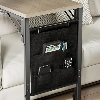 Folding TV Tray Table, Small Folding Side Table with Storage Bag, Portable C Shaped End Table for Couch Sofa Bed, Oak Gray