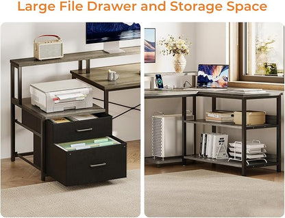 ODK 75" L Shaped Desk with File Drawers, Work from Home Office Desk with Power Outlet, Reversible Computer Desk with Storage Shelves, Gaming Desk with Monitor Shelf, Corner WFM Table, Grey Oak