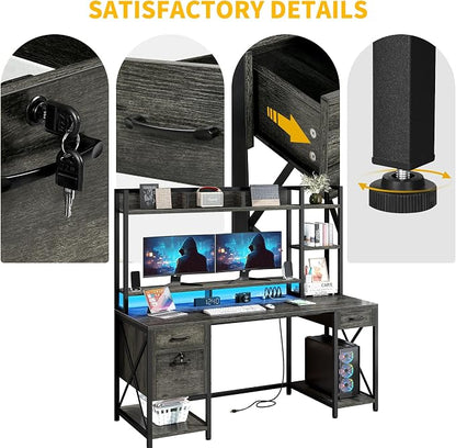 DWVO Computer Desk with Drawers & Hutch, 59.1" Office Desk with Power Outlets & LED Lights, Home Office Desk with Storage Shelves, Grey