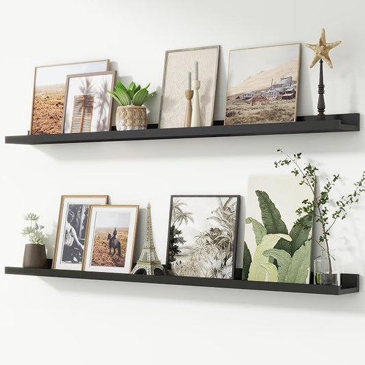 FLYJOE Picture Ledge Shelf, Floating Shelves Set of 2, 52 Inches Nursery Book Shelves for Toys Storage, Kids Bookshelf Wall Mounted for Living Room Bedroom Decor Books Photo Frames, Black