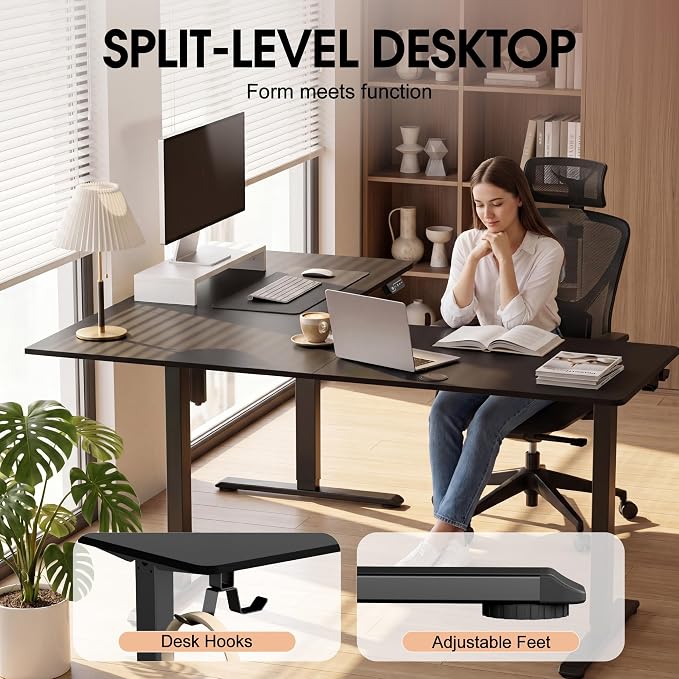 Furmax 63 x 55 Inch L Shaped Standing Desk with 2 Preset Heights, Electric Height Adjustable Computer Table, 2 Hooks & Feet Balance, Corner Sit Stand Desk for Home Office (Black, 63 x 55 Inch)