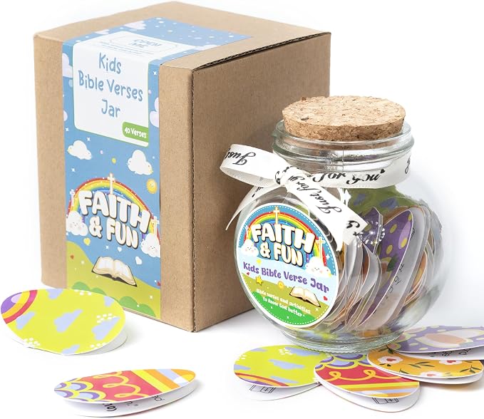 Kids Bible Verse Jar, Easter Basket Stuffers for Kids & Teens, Christian Easter Gifts for Girls Boys, 40 Bible Verse Cards, Faith Easter Gifts for Kids, Baby Easter Basket Stuffers, Religious Gift