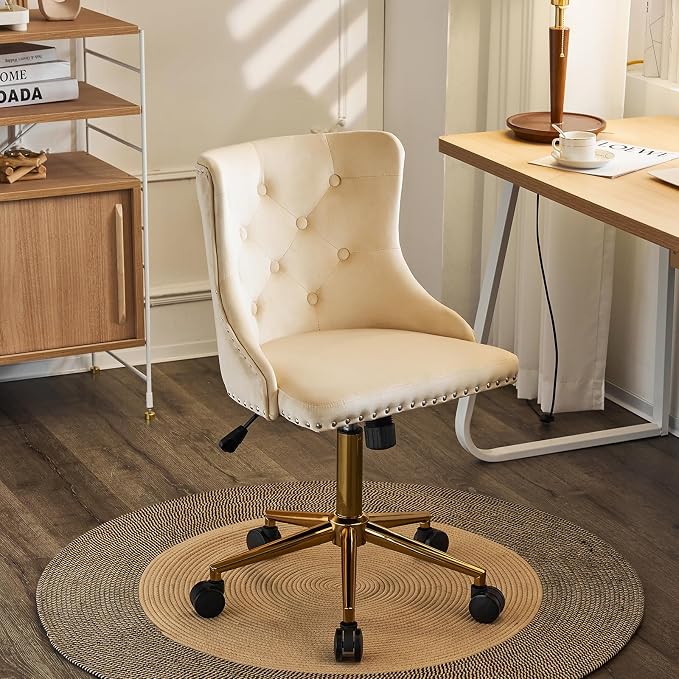 VINGLI Beige Velvet Armless Home Office Desk Chair with Gold Base/Wheels, Small Cute Vanity/Makeup Chair with Back for Bedroom, Upholstered Adjustable Rolling Swivel Nail Chair for Women/Girls