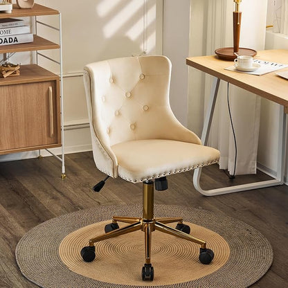 VINGLI Beige Velvet Armless Home Office Desk Chair with Gold Base/Wheels, Small Cute Vanity/Makeup Chair with Back for Bedroom, Upholstered Adjustable Rolling Swivel Nail Chair for Women/Girls