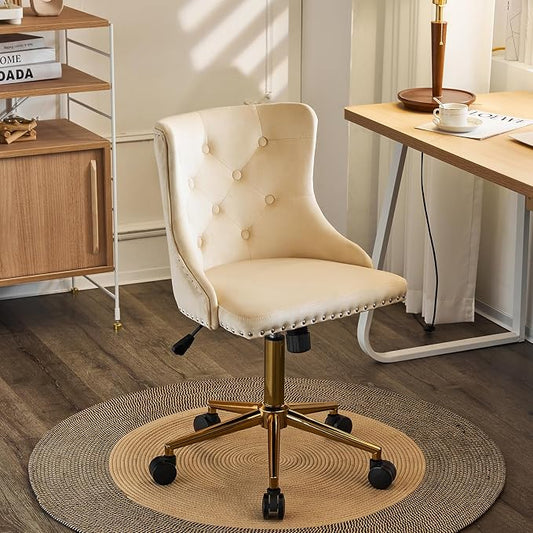 VINGLI Beige Velvet Armless Home Office Desk Chair with Gold Base/Wheels, Small Cute Vanity/Makeup Chair with Back for Bedroom, Upholstered Adjustable Rolling Swivel Nail Chair for Women/Girls