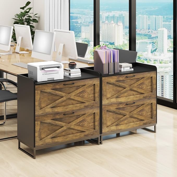 Halitaa Lateral File Cabinet with Charging Station, 2 Drawer File Cabinet for Letter/Legal/A4 Size Hanging Files, Large Wood File Storage Cabinets, Rustic Brown and Black