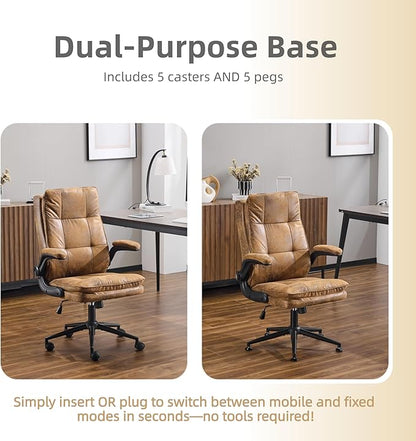 VINGLI Comfy Brown Leather Office Desk Chair,Ergonomic High-Back Computer Gaming Chair with Replaceable Wheels,Dual-Base,Adjustable Height&Armrests,360 Swivel Task Chair for Home Office,Vintage,Rustic