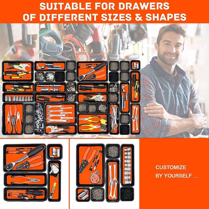 Tool Box Organizer, Tool Drawer Organizer Tray Divider, Toolbox Organization, Garage Tool Organizers and Storage, Tool Box Accessories for Rolling Tool Chest Cabinet (Orange (47PCS))
