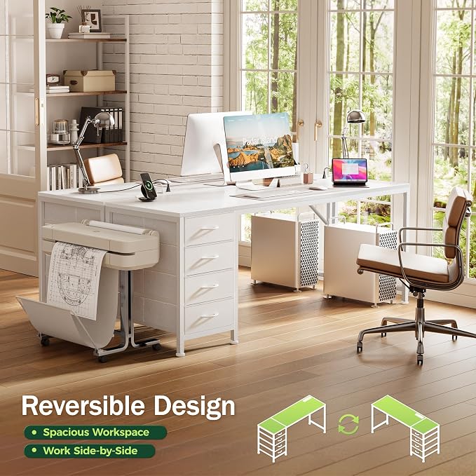 PRAISUN 63 Inch Computer Office Desk with Power Outelts and USB-C Port, Reversible Gaming Desk with 4 Fabric Drawers, Work Study Desk Work from Home, White