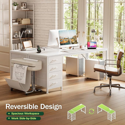 PRAISUN 63 Inch Computer Office Desk with Power Outelts and USB-C Port, Reversible Gaming Desk with 4 Fabric Drawers, Work Study Desk Work from Home, White