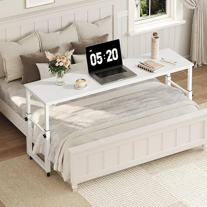 MAHANCRIS Overbed Table with Wheels, Mobile Bed Desk for Queen Size, 36"-43.5" Adjustable Height Rolling Table, Recliner Desk, Mobile Cross Bed for Bedroom, Living Room, Office, White MTWT18001