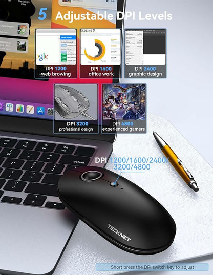 TECKNET Wireless Mouse, 2.4G Computer Mouse for Laptop, 4800 DPI Silent Mouse with USB Receiver, Slim Portable Travel Mouse Compatible with MacOS Windows Android PC Chromebook, 18 Months Battery Life