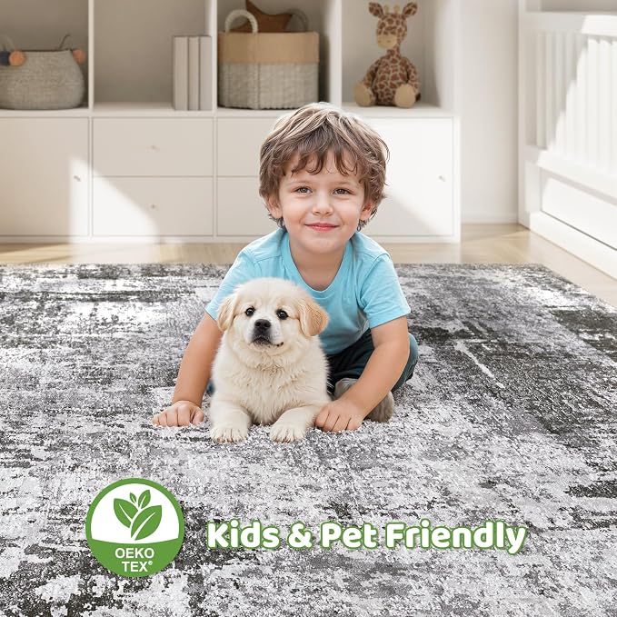7x9 Area Rug Living Room: Machine Washable Large Abstract Modern Soft Rugs Stain Resistant Indoor Floor Non Slip Accent Carpet for Bedroom Nursery Playroom Office Dining Room Dorm Home- Black Grey