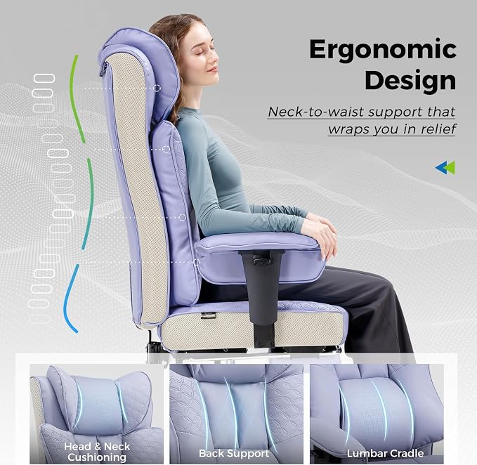 GTPLAYER Big and Tall Office Chair, Wide Ergonomic Gaming Chair with Deluxe Embossing Designed Leather with Foot Rest,150°Reclining Adjustable Soft Armrests Pocket Spring Back Support and Pillow