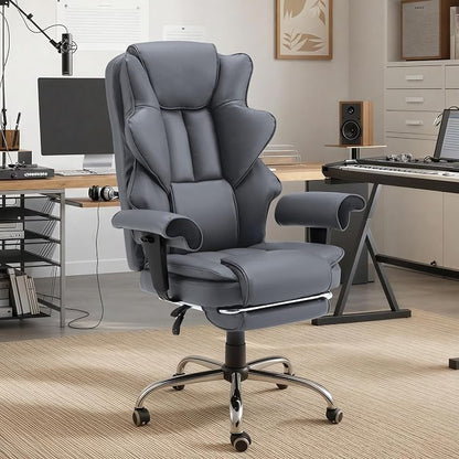 HOMREST Grey Ergonomic Office Chair | 6-Point Vibration Massage & Heat, Reclining Executive Chair, Adjustable Footrest and Armrests, PU Leather Big and Tall