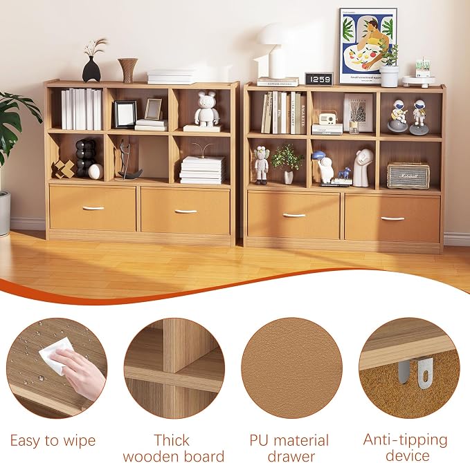 Adompacat Cube Bookshelf Storage Organizer Bookcase,8 Cube Open Mid-Centur Shelf,Freestanding Display Bookshelve, Modern Wide Toy Shelf with Drawers for Bedroom Living Room Office (Natural)