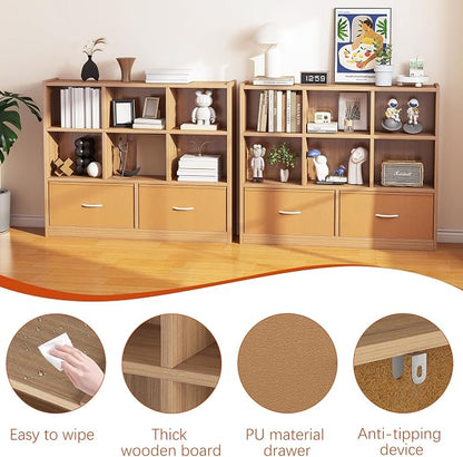 Adompacat Cube Bookshelf Storage Organizer Bookcase,8 Cube Open Mid-Centur Shelf,Freestanding Display Bookshelve, Modern Wide Toy Shelf with Drawers for Bedroom Living Room Office (Natural)