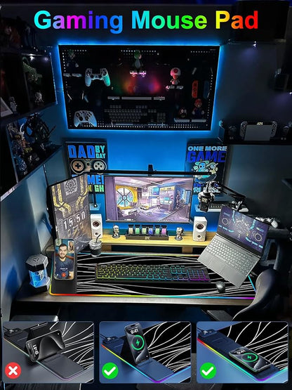 XXL Mouse Pad with Phone Holder - Black, RGB Desk Mat with 15W Fast Charging, LED Gaming Mousepad with 11 Light Colors, Waterproof Non-Slip Pad for Office & Home (Wave)