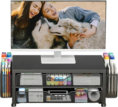 OPNICE Desk Organizer and Accessories, 2-Tier Computer Monitor Stand Riser with Drawer and 2 Pen Holders, Laptop Stand, Office Desk Accessories for Office Supplies, Black Double-Drawer & Dual Pen Holders