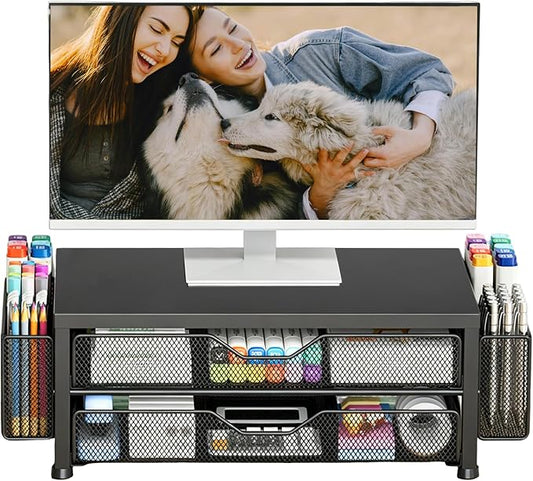OPNICE Desk Organizer and Accessories, 2-Tier Computer Monitor Stand Riser with Drawer and 2 Pen Holders, Laptop Stand, Office Desk Accessories for Office Supplies, Black Double-Drawer & Dual Pen Holders