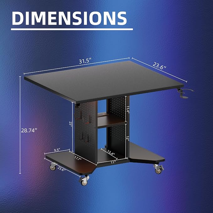 Pamray Small Gaming Desk Rolling Computer Table Balck | Movable, with Led Lights Power Outlets, with Storage Pegboard and Hook, Sturdy, Suitable for Study Gaming Bedroom Dorm