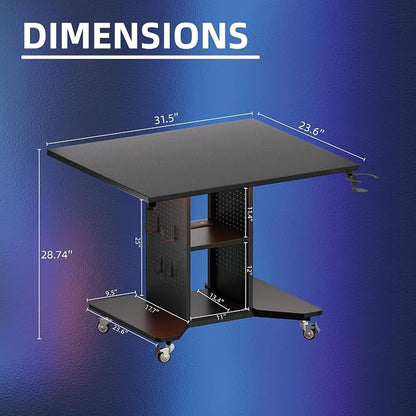 Pamray Small Gaming Desk Rolling Computer Table Balck | Movable, with Led Lights Power Outlets, with Storage Pegboard and Hook, Sturdy, Suitable for Study Gaming Bedroom Dorm