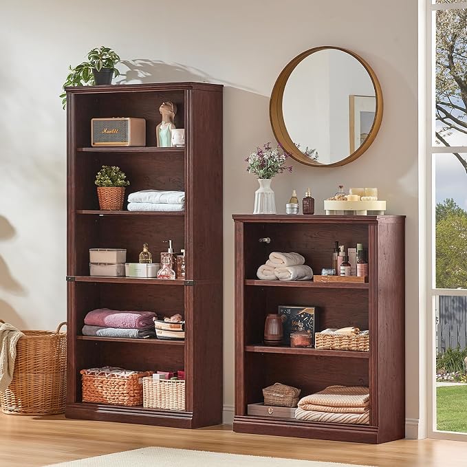 RWYHG 70" Walnut Tall Bookshelf,5-Tier Thick Wooden Book Shelf with Adjustable Shelves,Free Standing Farmhouse Bookcase with Open Display Storage,Floor Vintage Bookshelves for Living Room,Office