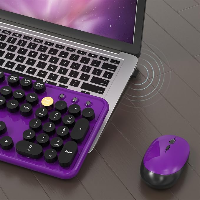 MPTOG Colorful Wireless Computer Keyboard and Mouse Combo with Round Typewriter Keycaps, Retro Design, Power Switch, Ergonomic Design, 2.4GHz Wireless for Windows, Mac, PC(Black-Purple)