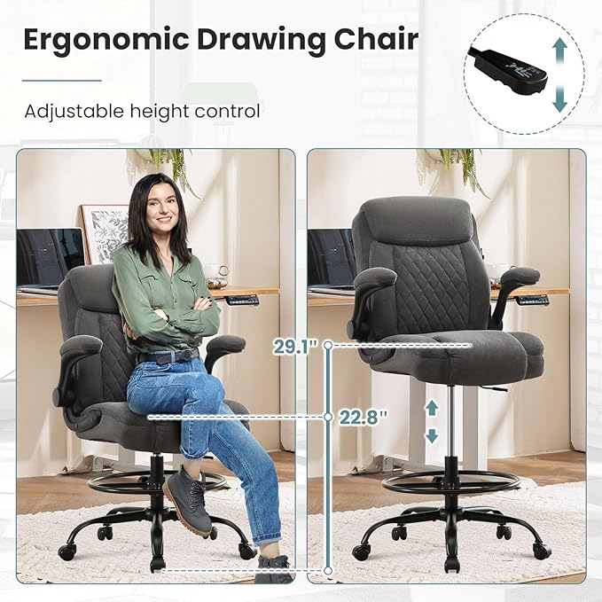 MAHOMICO Drafting Chair for Standing Desk – Tall Office Chair with Adjustable Height & Foot Ring, Flip-Up Arms, Lumbar Support – Comfortable Fabric Seat, Ideal Home Desk Chair