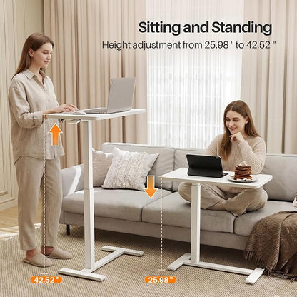 ROMOON Overbed Bedside Table with Wheels, Rolling Adjustable Hospital Bed Table, Mobile Standing Desk & Laptop Cart with Sturdy Frame for Couch, Home Office and Small Space (27.6" W x 15.7" D, White)