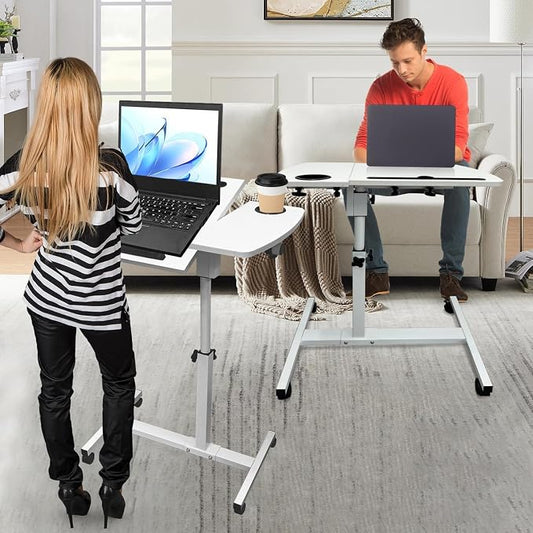 Adjustable Overbed Bedside Table with Tilting Desktop, 23.2-35in Height Adjustment, Mobile Laptop Desk with Cup Holde,Drawer, Wheels for Office, Home and Classroom (White)