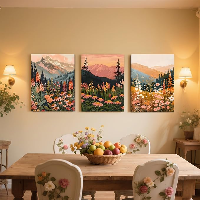 ICHZUMW Boho Mountain Wall Decor, Colorful Nature Abstract Landscapes Wildflower Canvas Wall Art, Daisy Painting Artwork for Living Room Bedroom Office, Wrapped Canvas, Ready to Hang, 12x16in 3Pcs