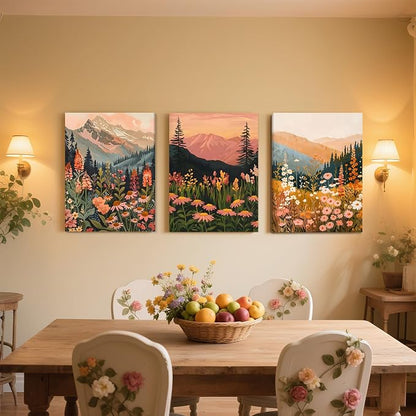 ICHZUMW Boho Mountain Wall Decor, Colorful Nature Abstract Landscapes Wildflower Canvas Wall Art, Daisy Painting Artwork for Living Room Bedroom Office, Wrapped Canvas, Ready to Hang, 12x16in 3Pcs