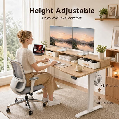 Grandder Electric Standing Desk with Two Drawers, Curved Desktop Sit to Stand Up Height Adjustable Desk with Storage Shelf for Home Office, 47 * 26 Inch, Ergonomic Adjustable Computer Desk, Oak