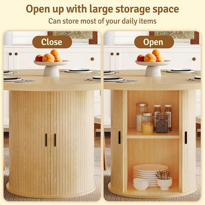 47 inch Round Dining Table for 4-6, Dinner Table with 2-Layer Storage Shelf, Morden Circle Kitchen Table with Wooden Strip Base and Wood Slide Door for Home Dining Room, Living Room, Natural