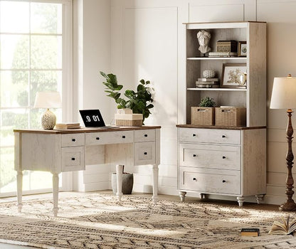 WAMPAT Home Office Furniture Set, 56" Executive Desk with Charging Station, 72" Tall Bookcase with 3 Drawers, Wood Computer Desk with File Cabinet, Open Shelf, Rustic White
