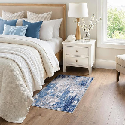 RELEANY Washable Area Rugs 3x4 Non-Slip Modern Abstract Soft for Living Room Entryway Bedroom Kitchen, Print Pattern, Blue Grey Navy Gray