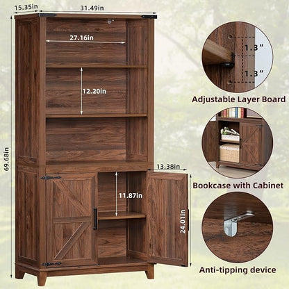 Joaxswe 70in Tall Bookshelf 5 Tier Bookcase with Barn Doors and Adjustable Shelves, Brown Farmhouse Book Shelf with Storage Cabinet, Wood Freestanding Display Bookshelves for Bedroom, Living Room