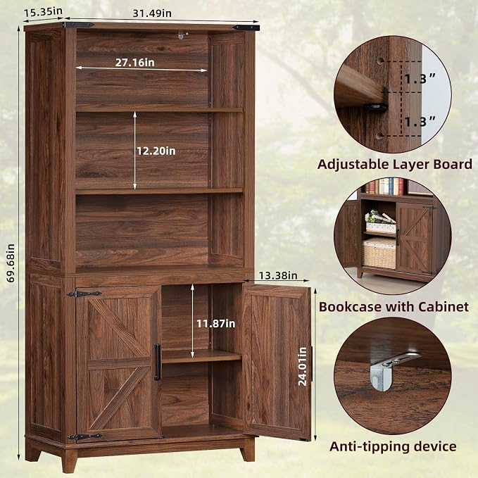 Joaxswe 70in Tall Bookshelf 5 Tier Bookcase with Barn Doors and Adjustable Shelves, Brown Farmhouse Book Shelf with Storage Cabinet, Wood Freestanding Display Bookshelves for Bedroom, Kitchen (2PCS)