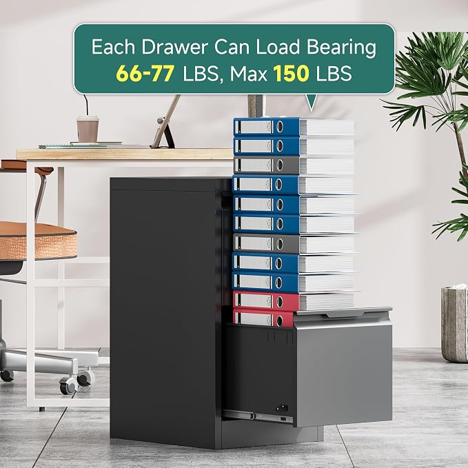 2 Drawer Metal Vertical File Cabinet with Lock, 17.8 Inch Depth Under Desk Small Filing Cabinet, Fits Letter & Legal Size Files for Home Office, Easy to Assemble