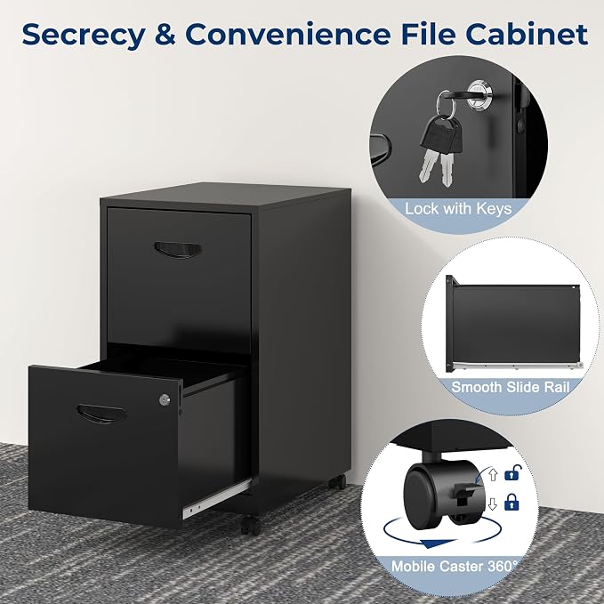 UNICOLY 2 Drawer File Cabinet with Lock, Filing Cabinets with Wheels, Rolling File Cabinets for Home Office, Metal Office File Cabinet, for Holding Letters and File Boxes, Assembly Required, Black