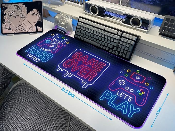JMIYAV Black Gaming Mouse Pad RGB Mousepad Non-Slip Rubber Base Extra Large Cool XL XXL Computer Desk Pad Gaming Accessories Setup LED Light Up Big Mouse Pad for Gamer Gaming Over (31.5x12In)