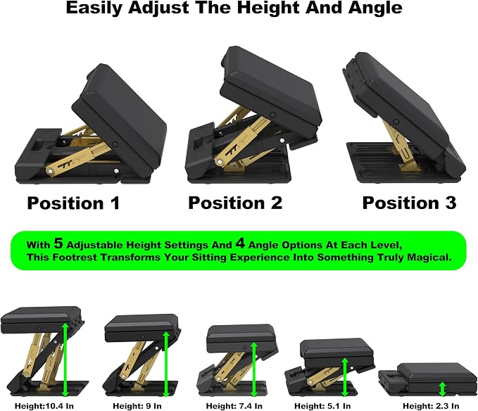 120 lbs Heavy Duty Adjustable Footrest Under Desk, No-Tool Quick Height & Angle Adjustment (5 Levels, 8 Angles), Ergonomic Foot Stool with Soft Memory Foam for Office, Gaming & Home(Black)
