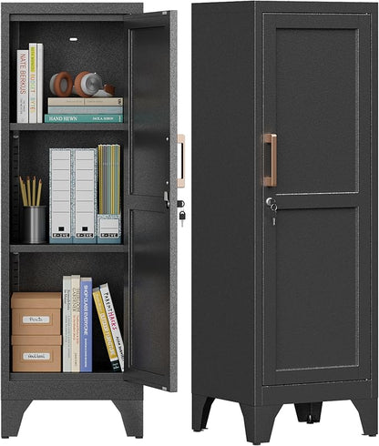 46"H Black Metal Locker with 1 Lockable Door and 2 Adjustable Shelves For Employees, 3 Tier Small Storage Cabinet with Detachable Legs and Vintage Handle for Kitchen,Office,Gym,School,Easy Assembly