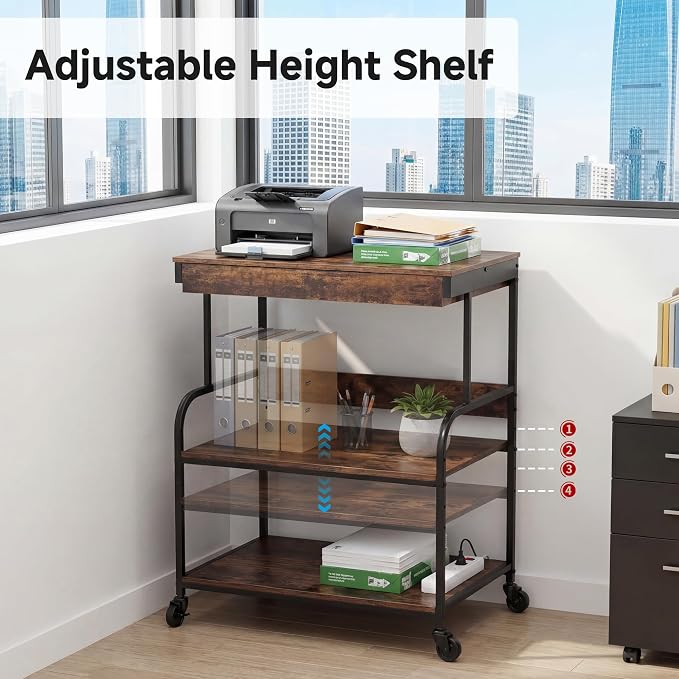 3 Tier Printer Stand with Drawer – Rolling Printer Cart on Wheels for Home Office, Adjustable Shelf & Heavy Duty Steel Frame, Large Printer Table for Scanner Fax Copier,23.6''x18.9''