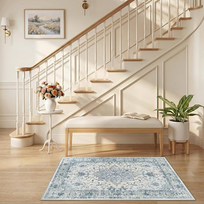 RELEANY Area Rugs Small 2'6"x4' Washable Non-Slip, Floral Vintage Distress Medallion Carpet for Kitchen Entryway Bathroom, Light Blue Navy Gray White